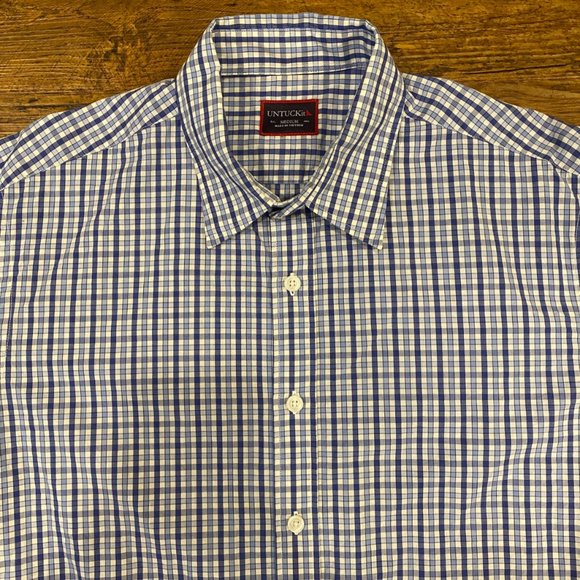 UNTUCKit Blue White Check Casual Dress Long‎ Sleeve Button Up Shirt Men's Size M - Picture 1 of 11